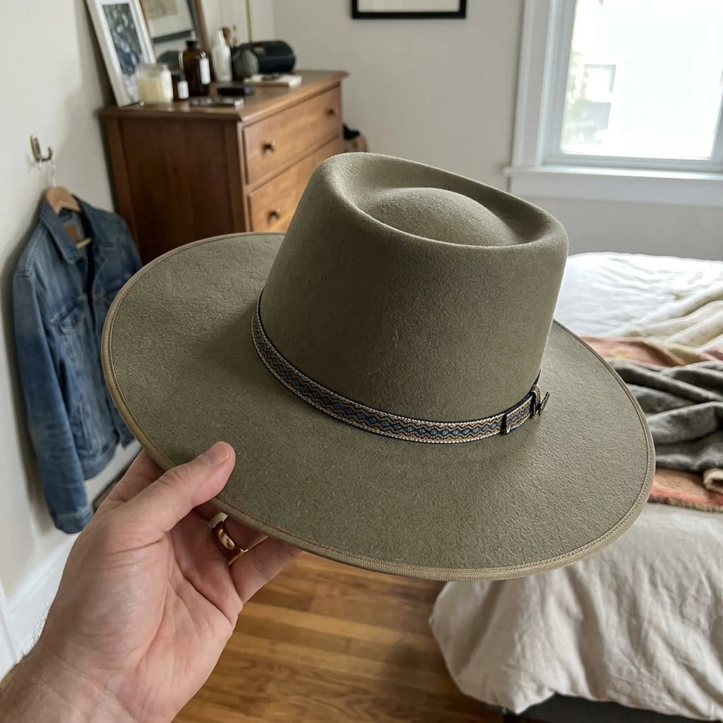 Taupe Wool Felt Fedora with Diamond Pattern Hatband and Wide Brim