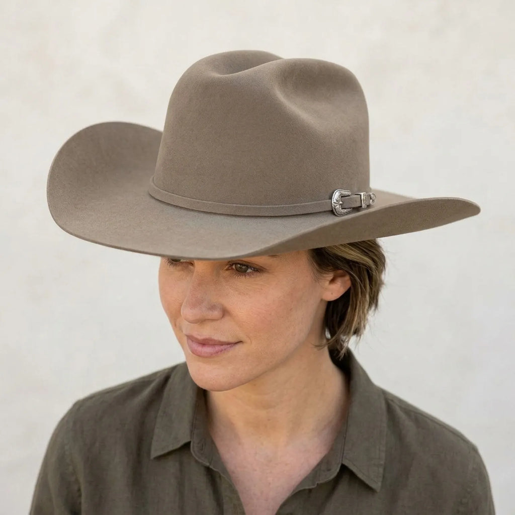 Camel Brown Felt Cowboy Hat with Pinched Crown and Curled Brim
