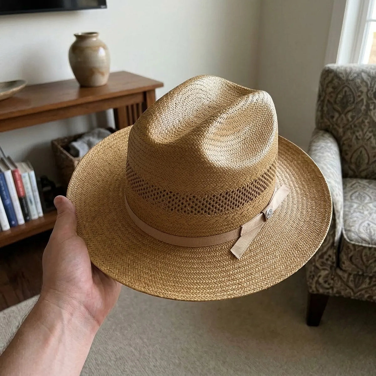 Honey Tan Straw Fedora Hat with Open Weave Ventilation Band
