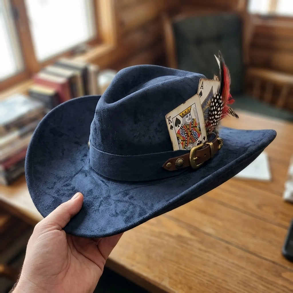 Navy Suede Western Hat With Leather Belt And Feather Cards