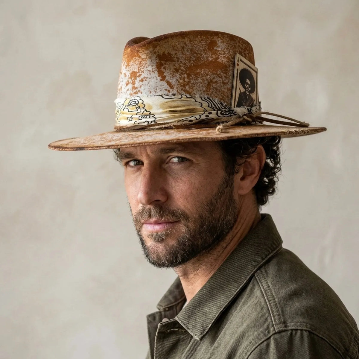 Distressed Tan Cowboy Hat with Skeleton Card and Paisley Bandana
