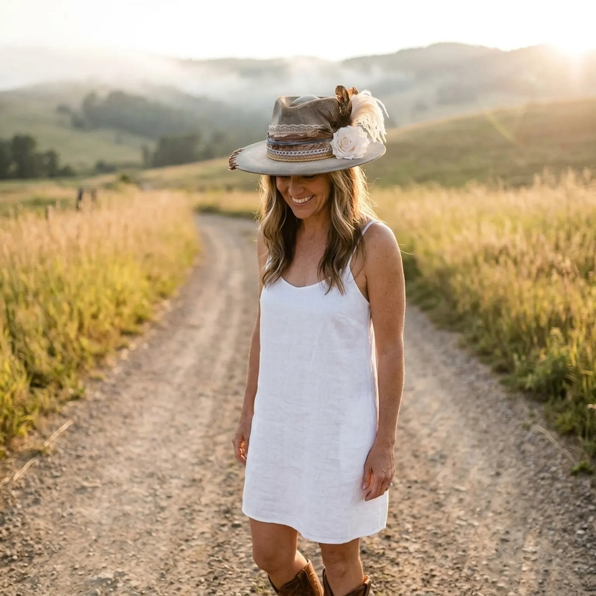Distressed Gray Tan Felt Western Hat Cream Rose Lace Trim