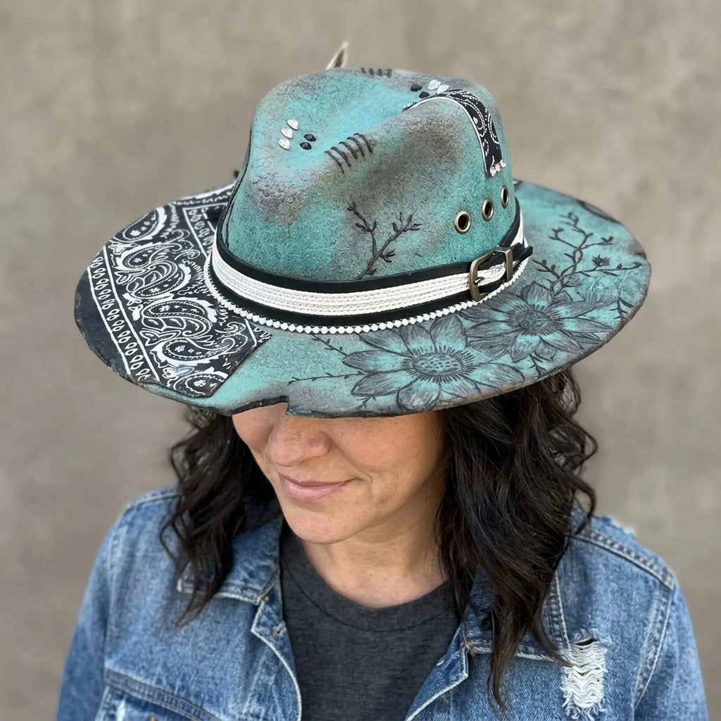 Teal Western Hat with Paisley Brim, Floral Embroidery, and Pearls