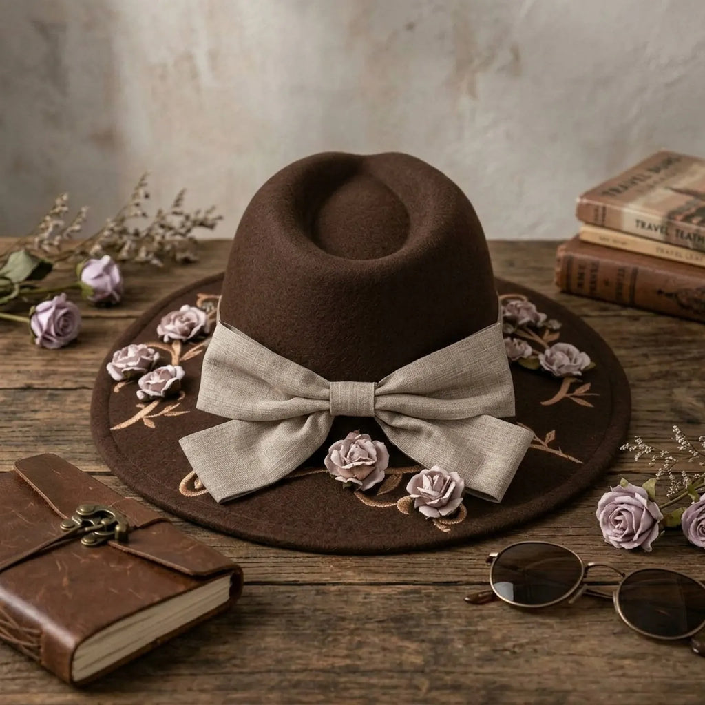 Brown Felt Floppy Hat Linen Bow Floral Embroidery Trim