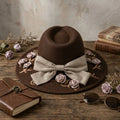 Brown Felt Floppy Hat Linen Bow Floral Embroidery Trim