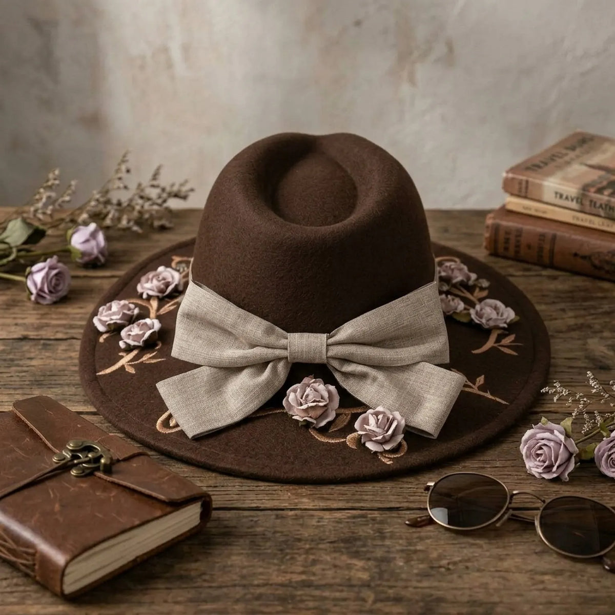Brown Felt Floppy Hat Linen Bow Floral Embroidery Trim