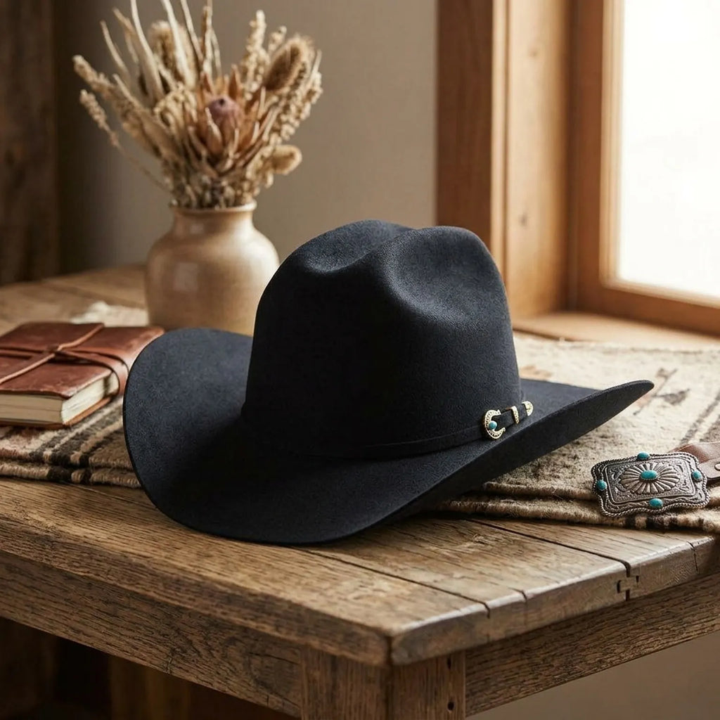 Black Felt Cowboy Hat with Pinched Crown and Wide Curved Brim