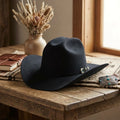 Black Felt Cowboy Hat with Pinched Crown and Wide Curved Brim