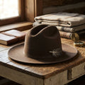 Brown Distressed Wide-Brim Western Felt Hat with Feather