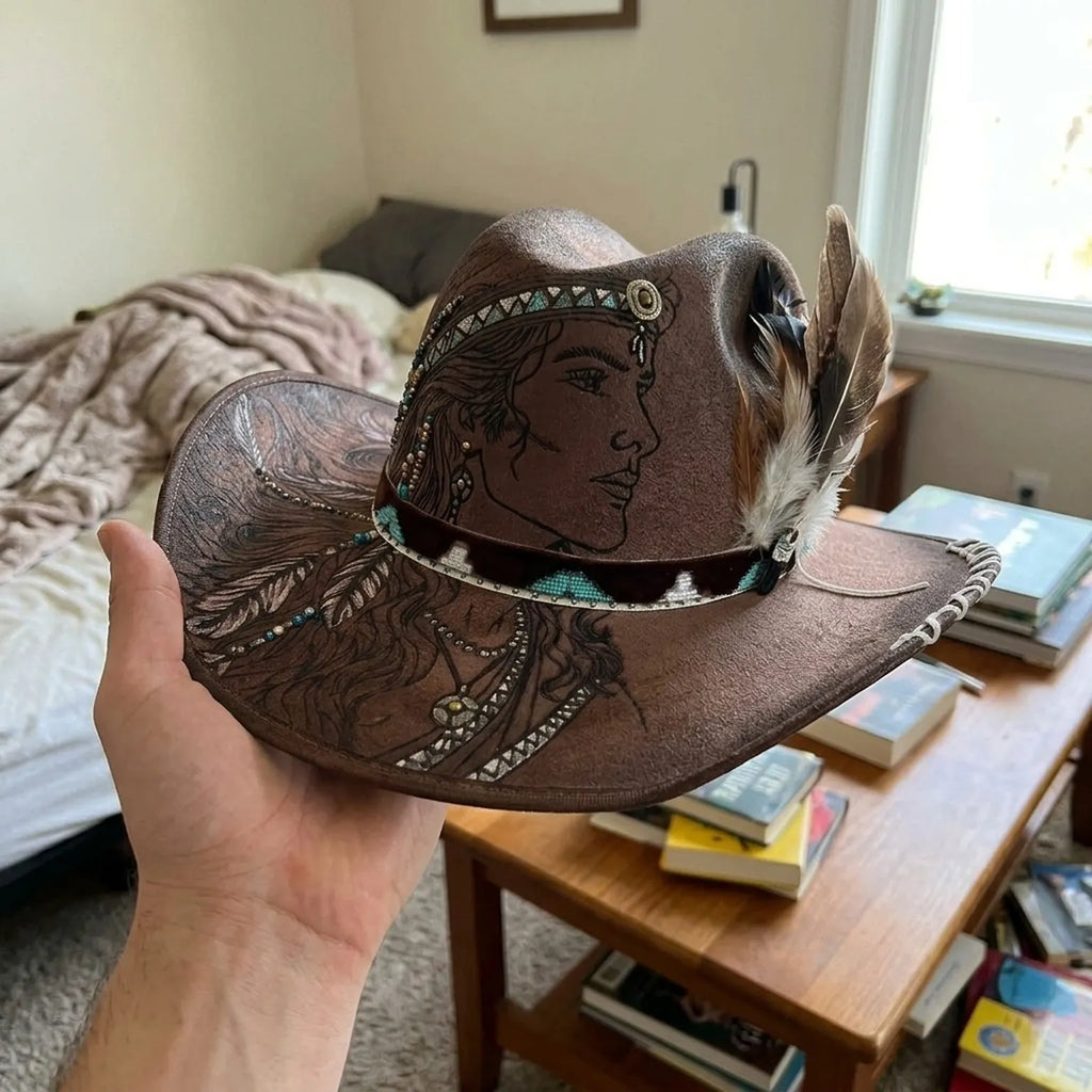 Brown Cowboy Hat with Portrait Etching and Beaded Feather Band
