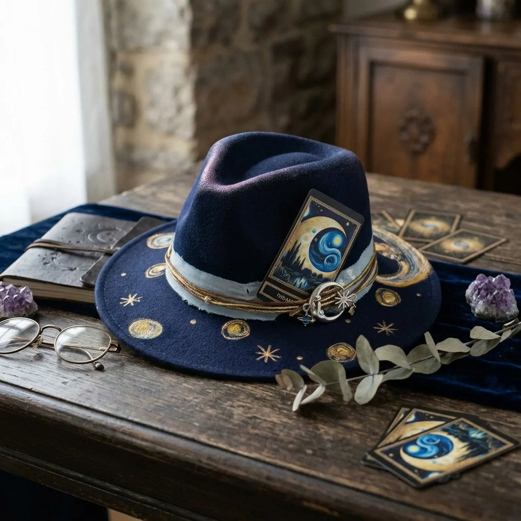 Navy Hand-Painted Starry Sky Fedora with Moon Charm Cluster