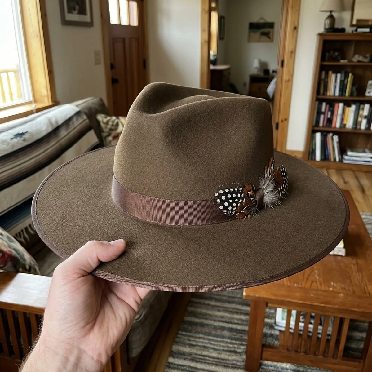 Unisex Brown Wide Brim Fedora with Feather Accent