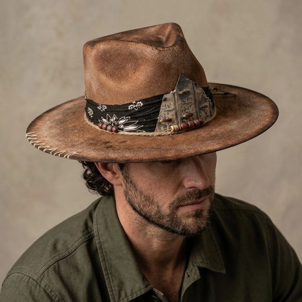 Distressed Brown Leather Western Hat Carved Tribal Pendant
