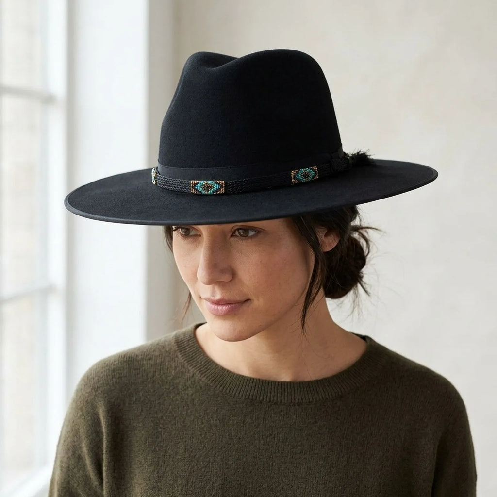 Black Wool Felt Fedora with Turquoise Beaded Diamond Band, Boho