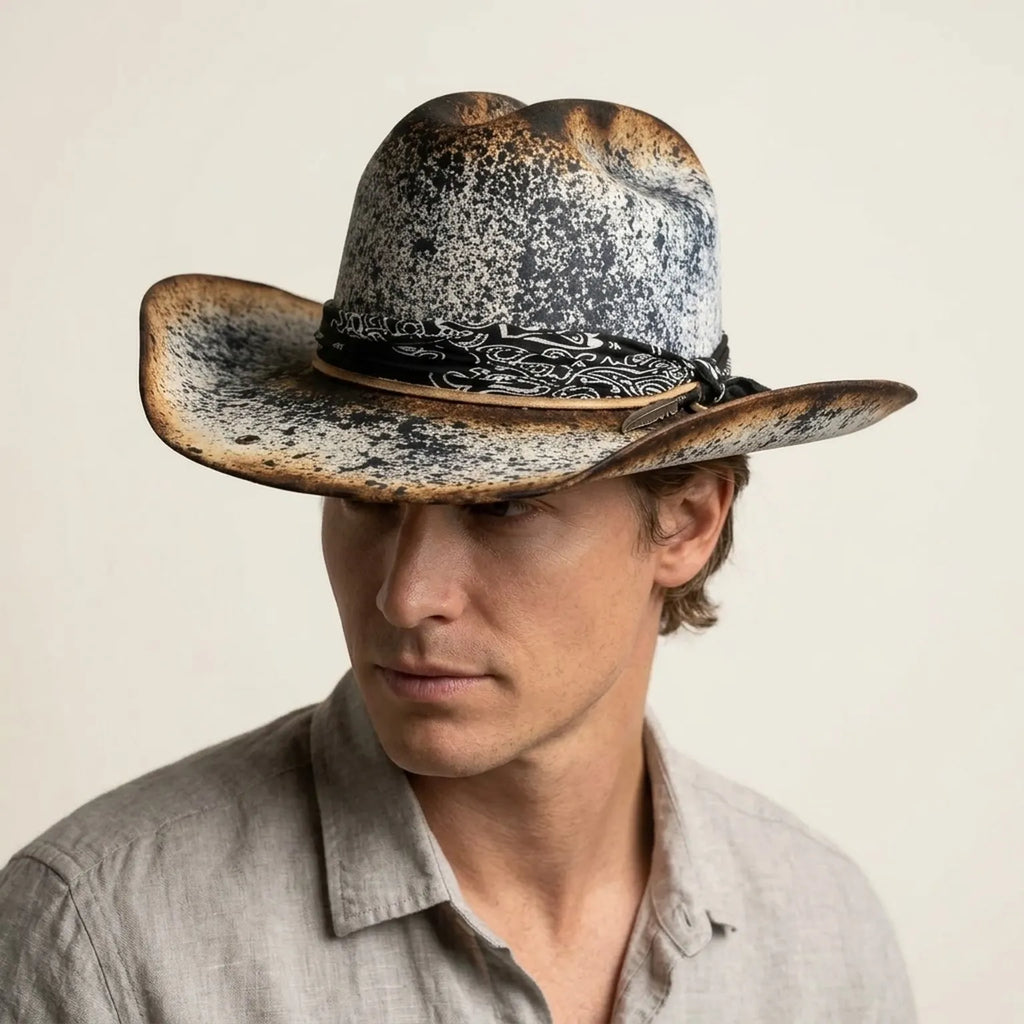 Speckled Black Cowboy Hat with Bandana Band and Feather Charm