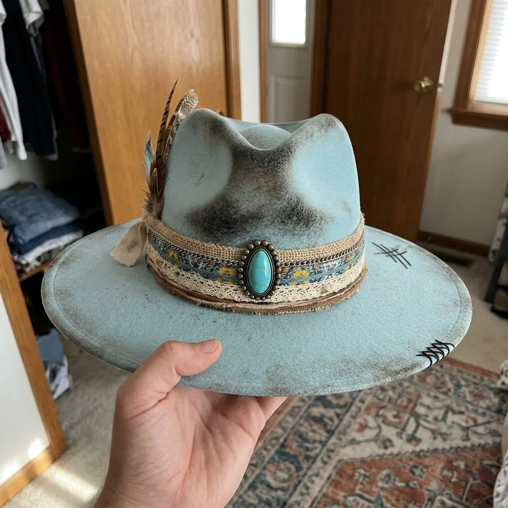 Light Blue Fedora with Turquoise Concho, Lace and Feathers