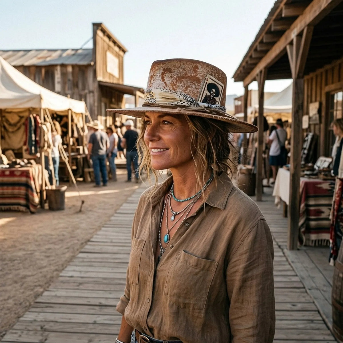Distressed Tan Cowboy Hat with Skeleton Card and Paisley Bandana