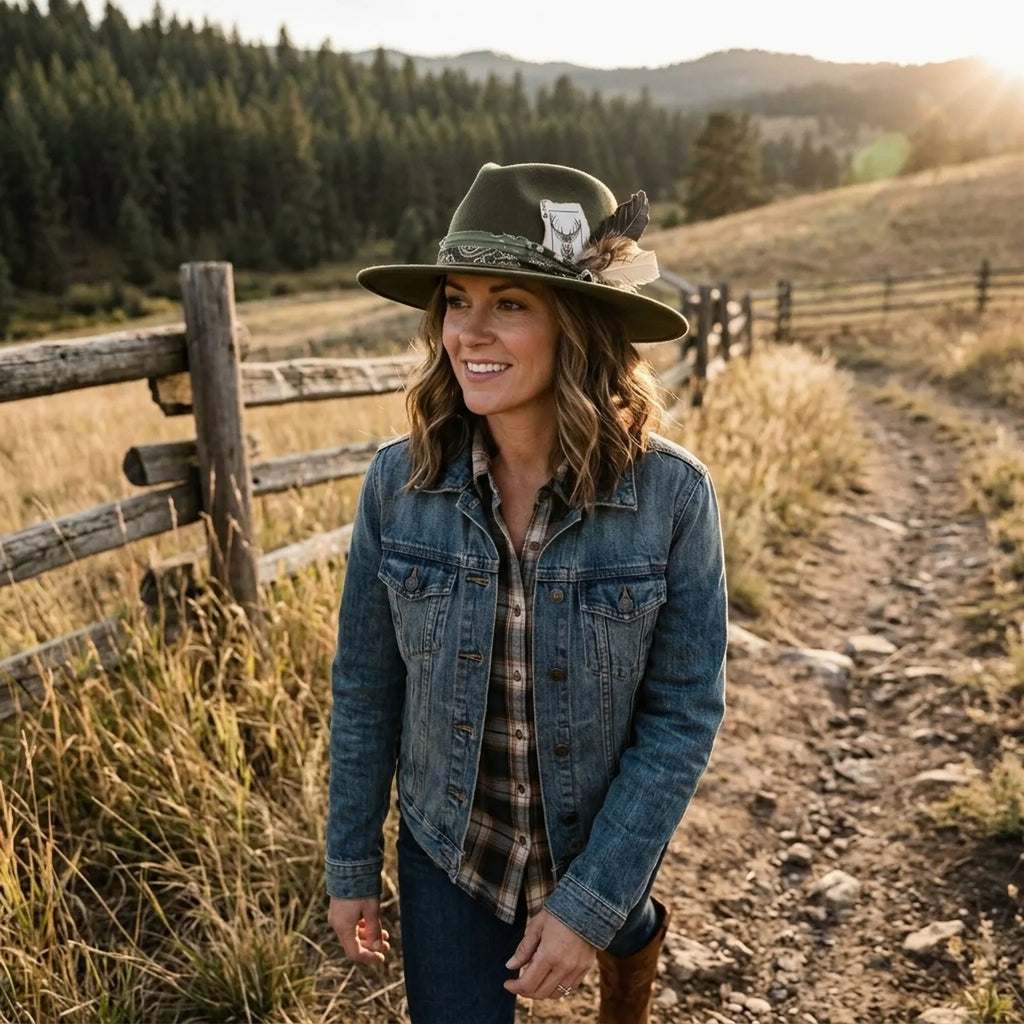 Olive Green Felt Western Hat with Paisley Band and Feather