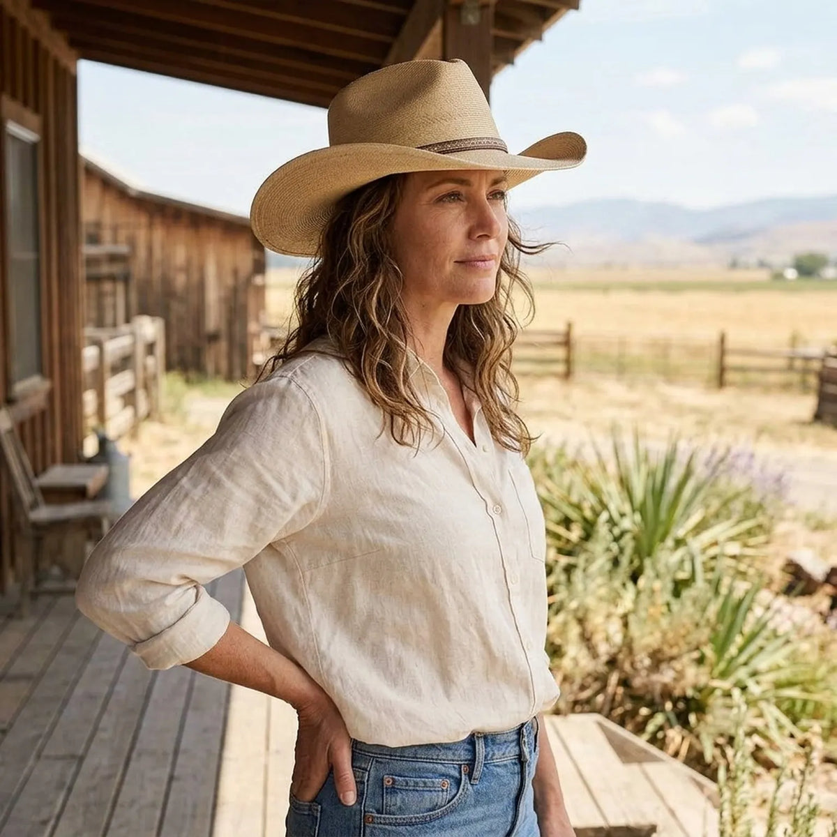 Natural Tan Raffia Western Hat with Contrast Stitched Band