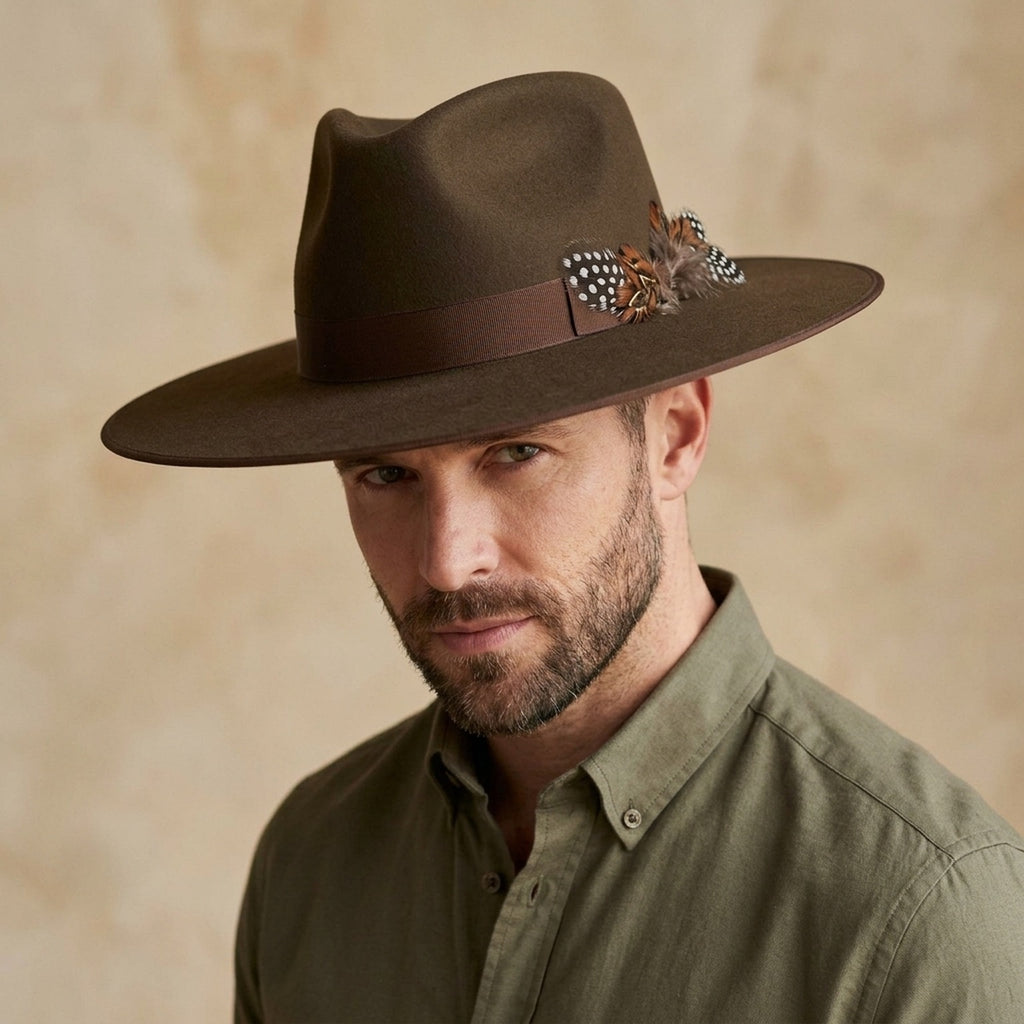 Unisex Brown Wide Brim Fedora with Feather Accent