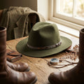 Olive Wool Felt Fedora Hat with Feather Print Band, Outdoor Classic