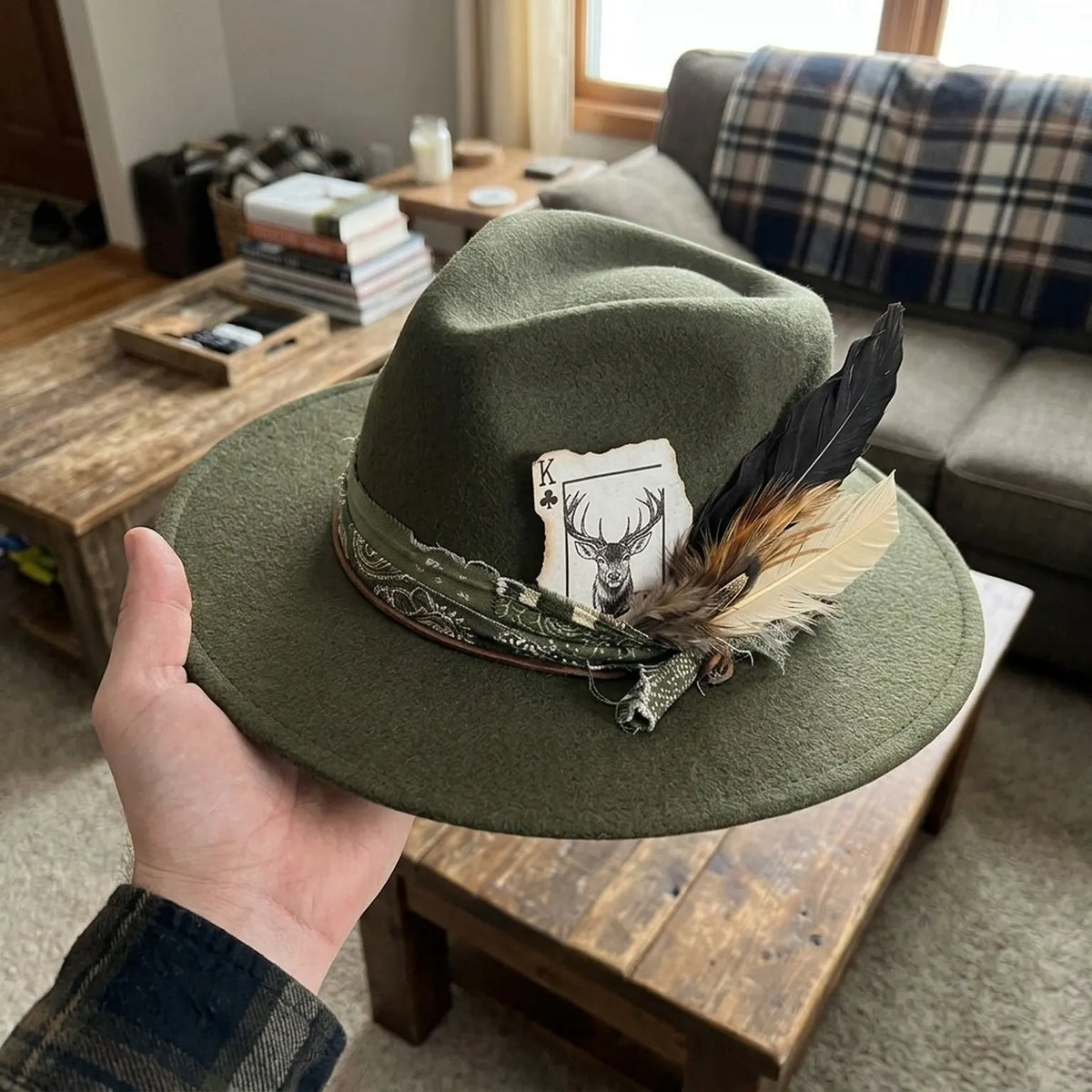 Olive Green Felt Western Hat with Paisley Band and Feather