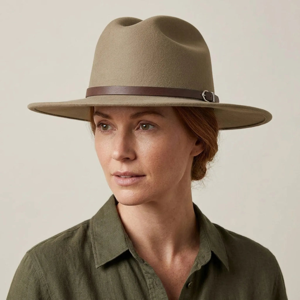 Camel Wool Felt Fedora with Brown Leather Band and Wide Flat Brim
