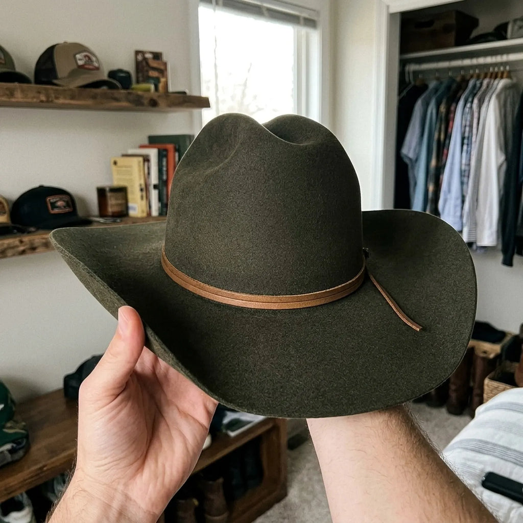 Olive Brown Cowboy Hat With Leather Band and Tassel