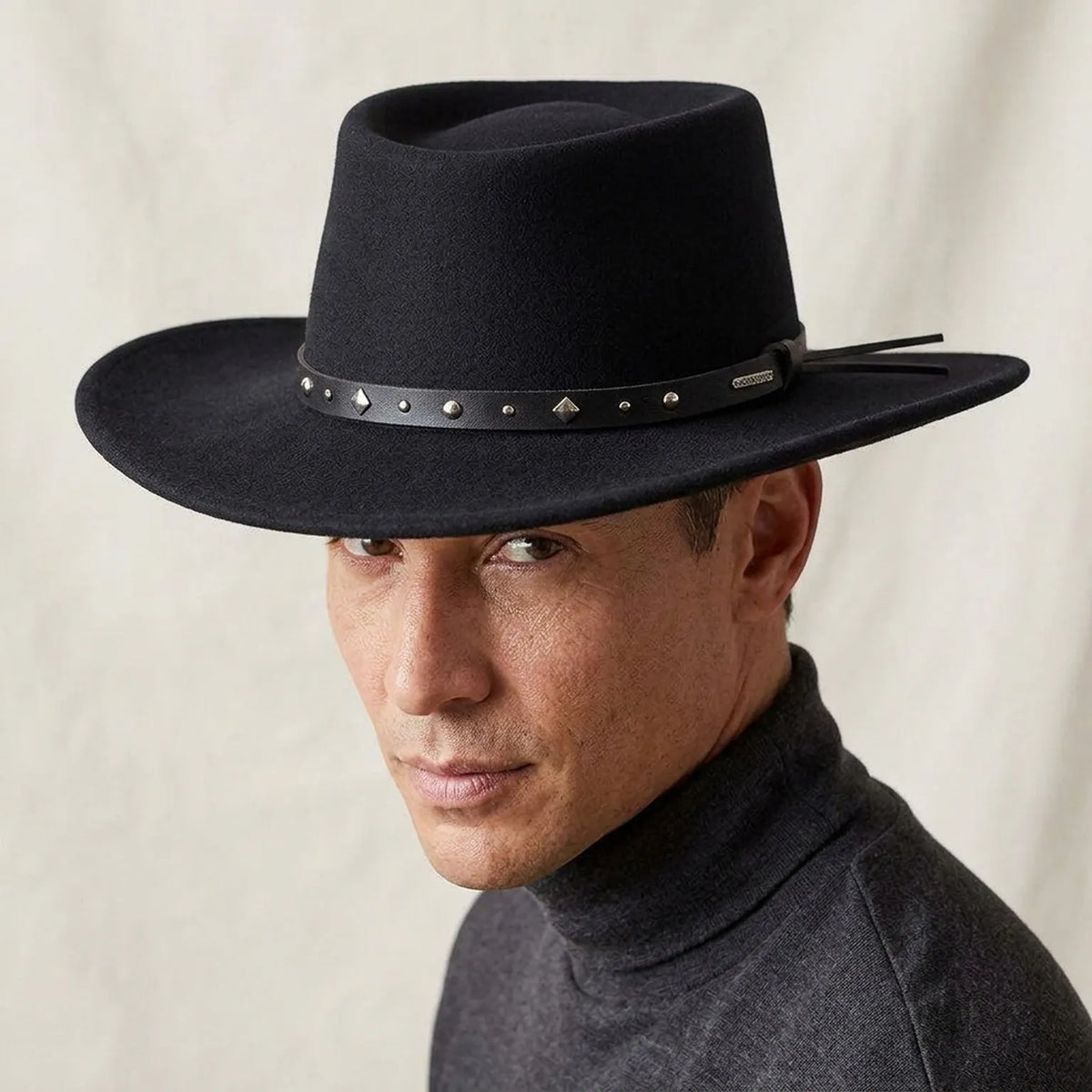 Black Studded Wide-Brim Wool Felt Hat with Leather Band