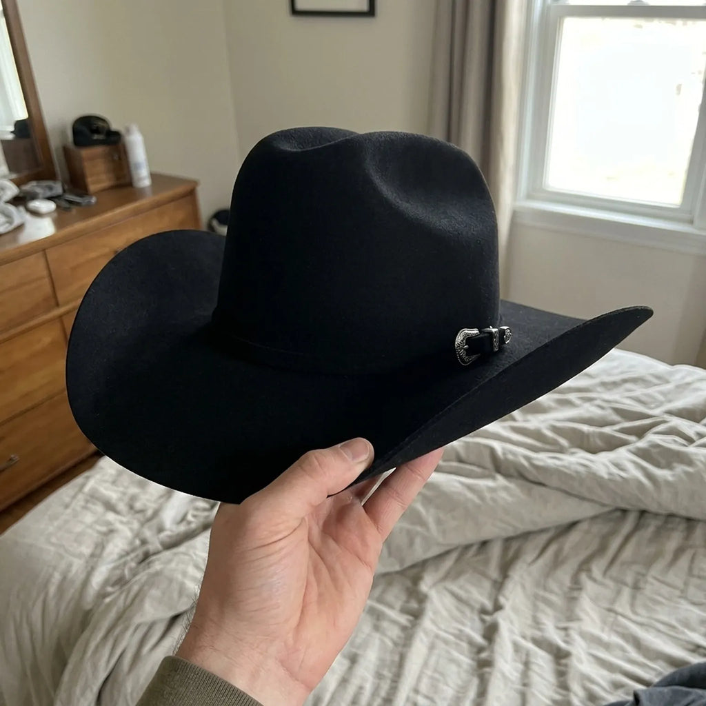 Black Felt Cowboy Hat with Cattleman Crease and Upturned Brim