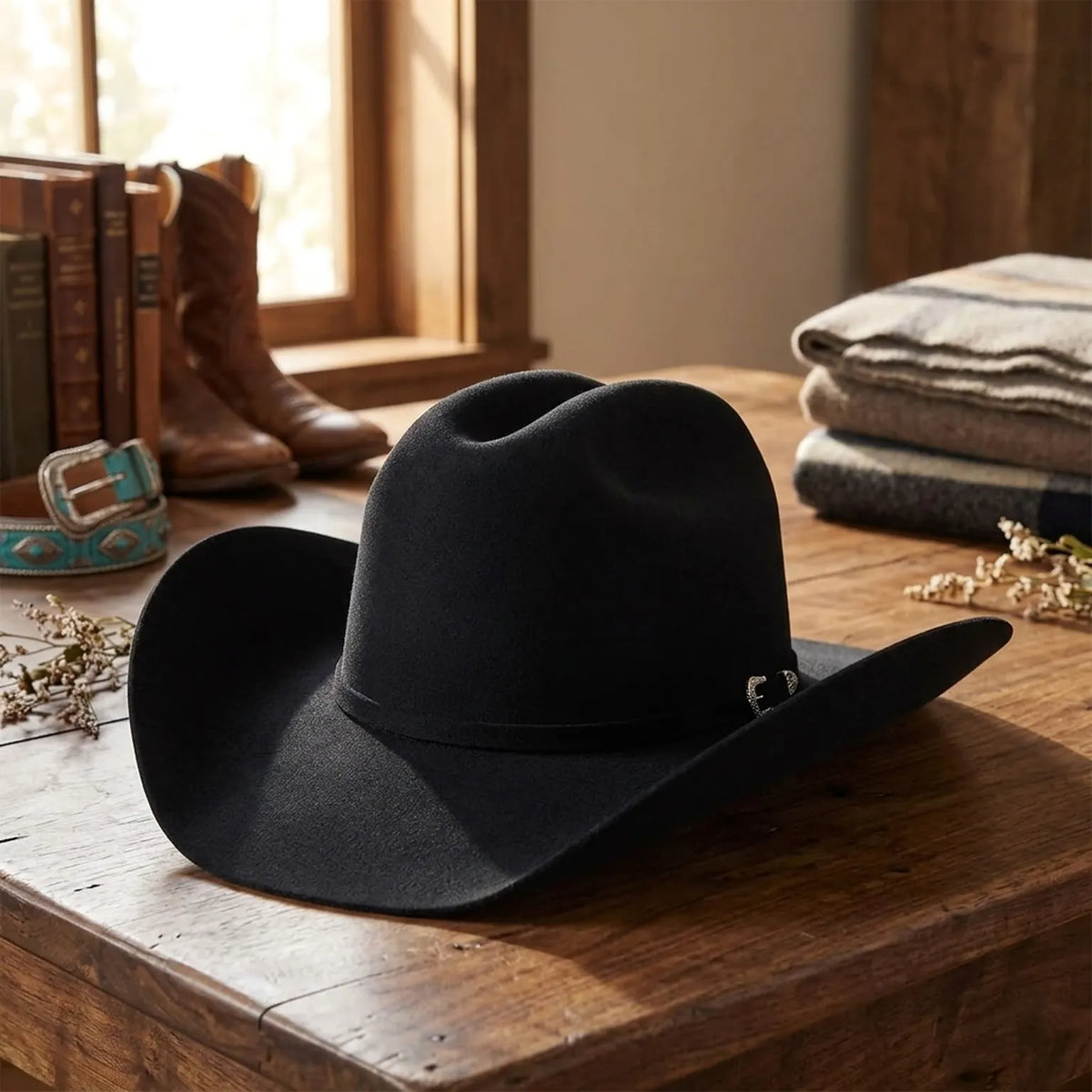 Black Wool Felt Cowboy Hat with Silver Concho Accent Band