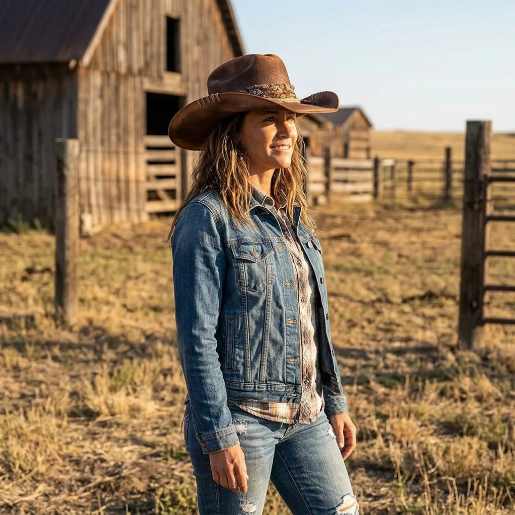 Distressed Brown Cowboy Hat with Paisley Bandana and Jute Rope
