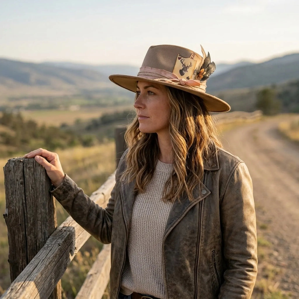 Tan Felt Western Hat With Playing Cards Feathers And Etched Brim