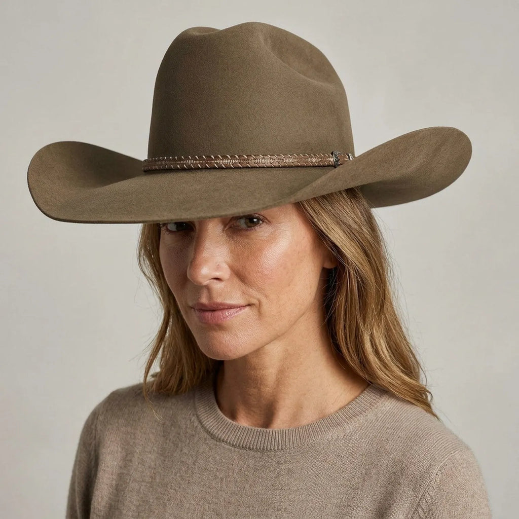 Unisex Tan Wool Felt Cowboy Hat with Braided Band