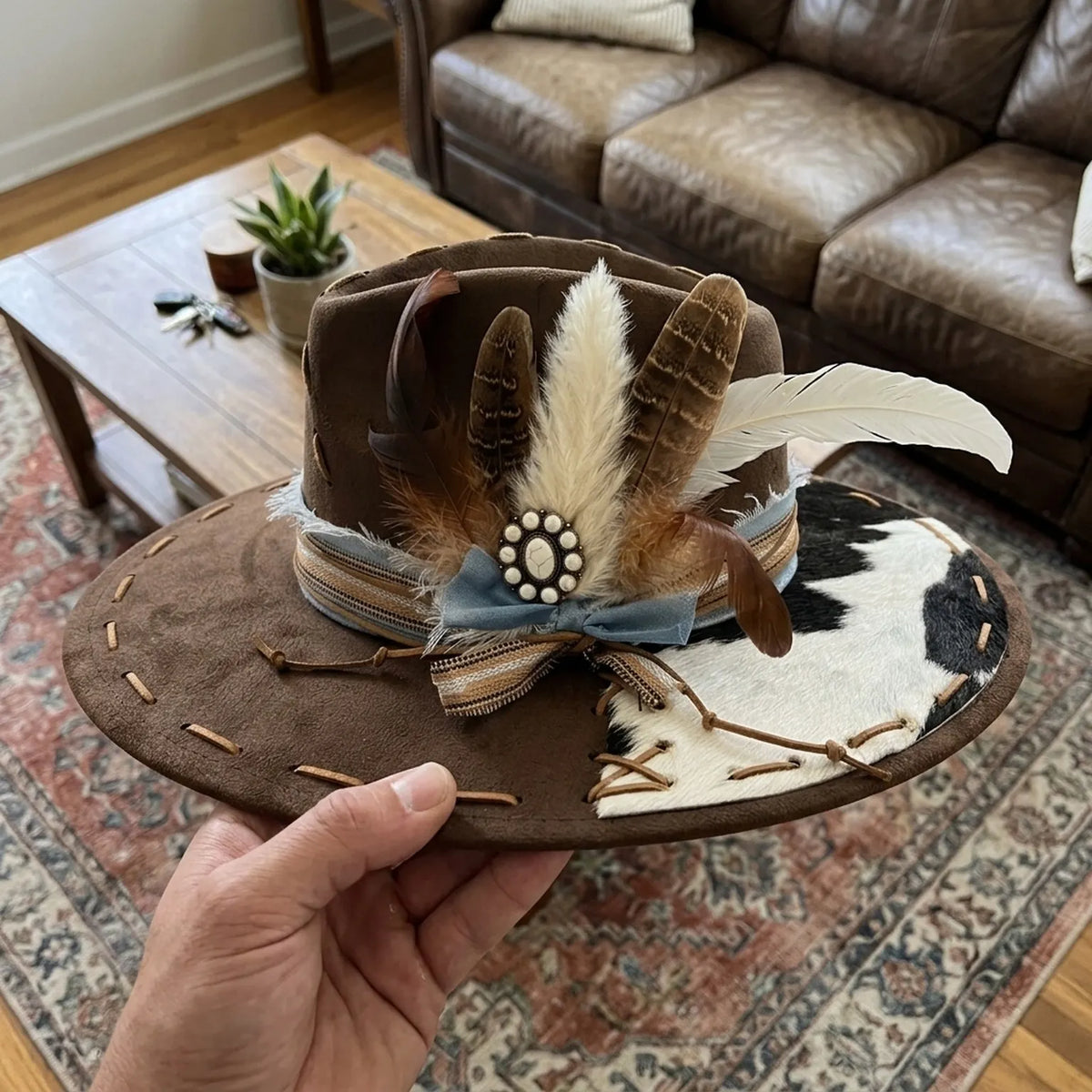 Brown Western Fedora with Cowhide Patch and Pearl Concho Detail