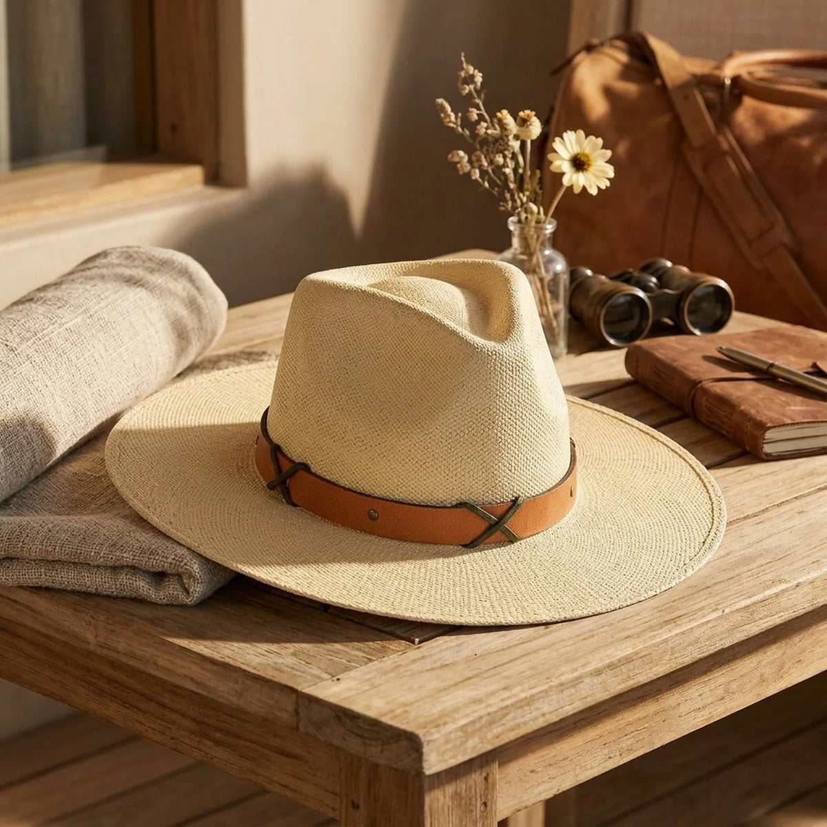 Natural Raffia Sun Hat with Leather Band and Cross Detail