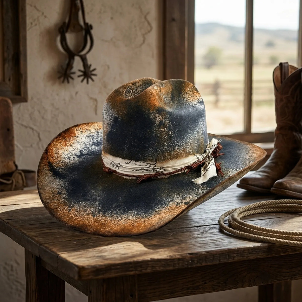 Distressed Rust Black Felt Western Hat with Bandana Wrap