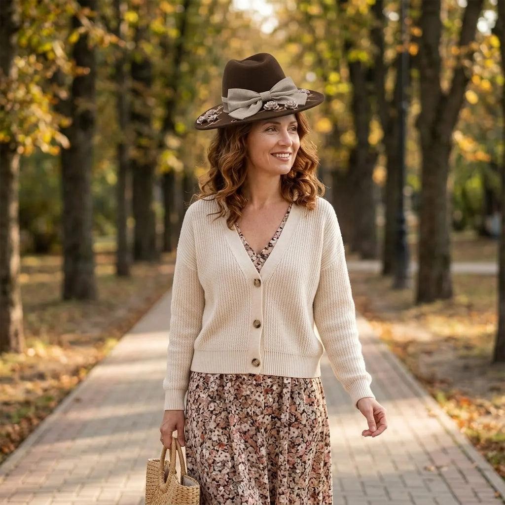 Brown Felt Floppy Hat Linen Bow Floral Embroidery Trim