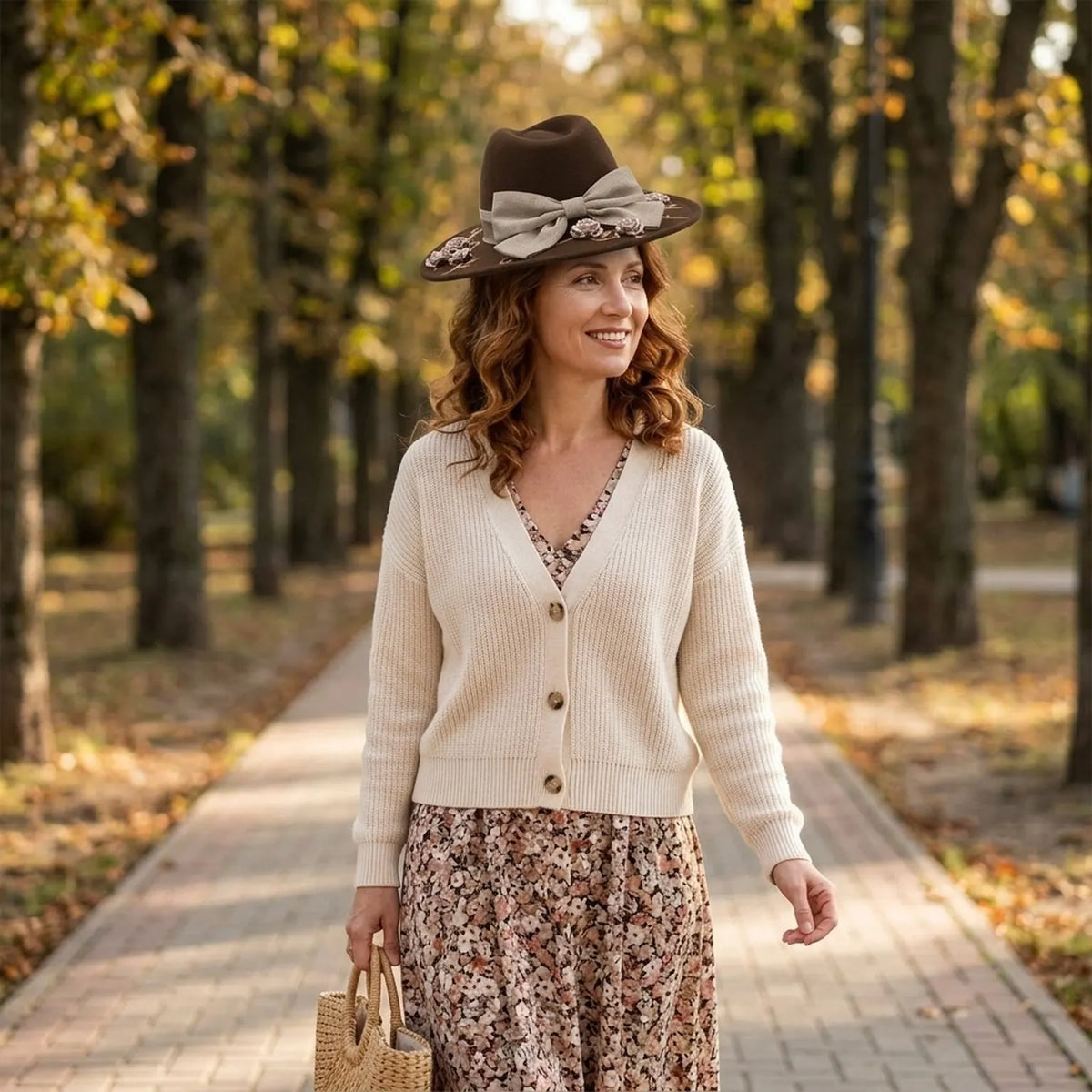 Brown Felt Floppy Hat Linen Bow Floral Embroidery Trim