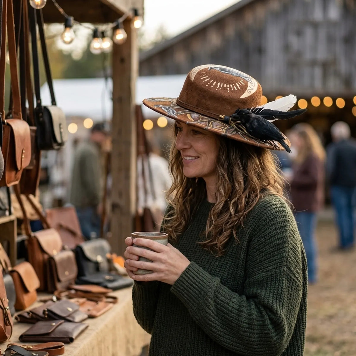 Brown Felt Western Hat with Hand-Painted Ravens and Moon