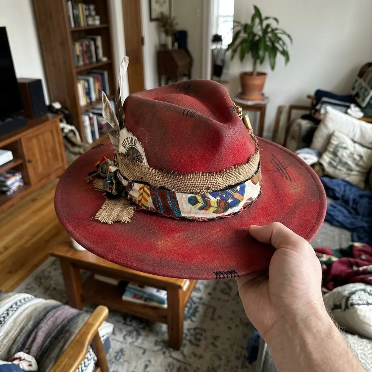 Boho Red Fedora with WILDROO Badge and Charm Details