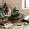 Teal Ombre Felt Western Hat Suede Band Feather Trim