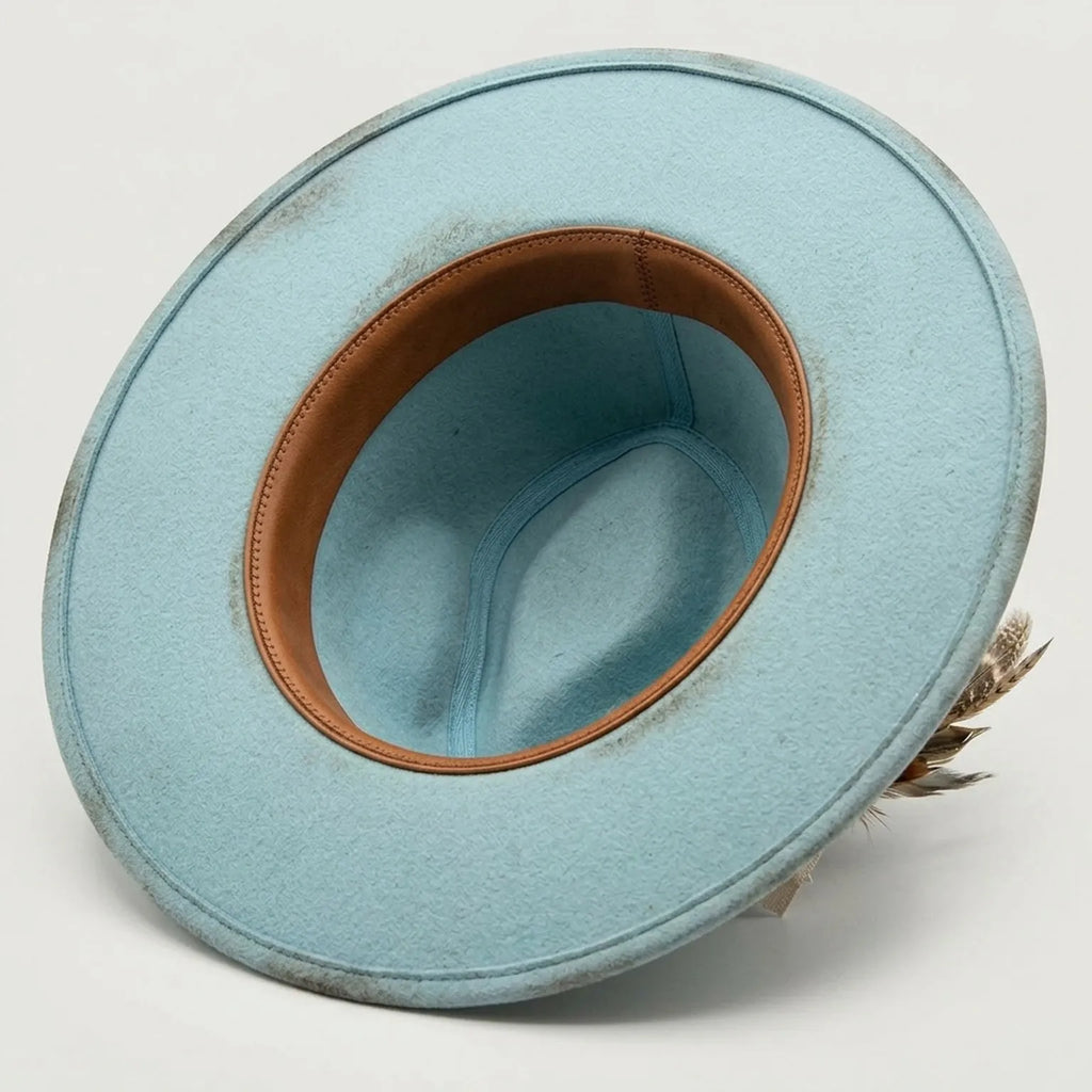 Light Blue Fedora with Turquoise Concho, Lace and Feathers