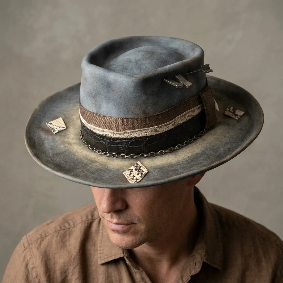 Smoke Gray Distressed Fedora with Croc Band and Arrow Details