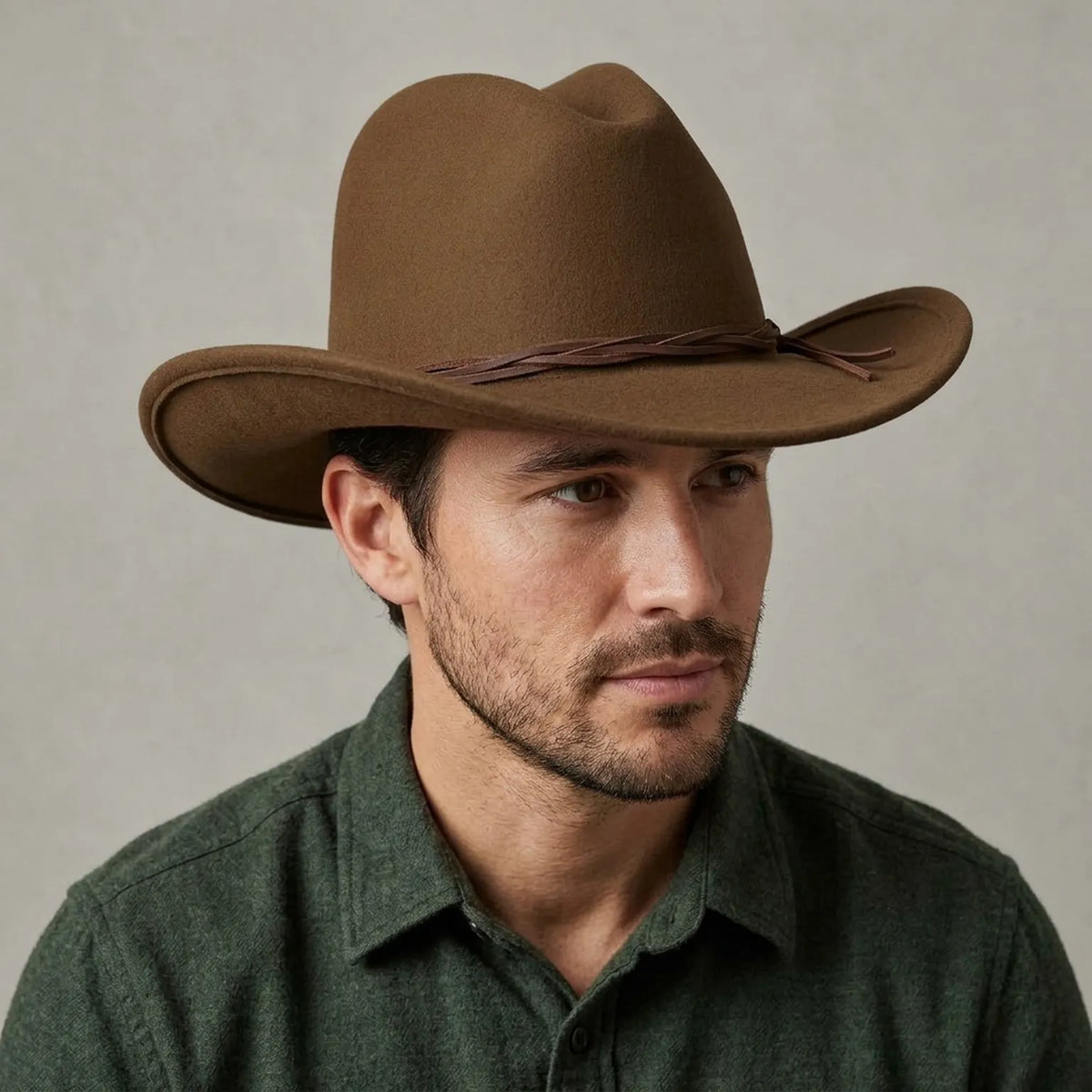 Brown Felt Cowboy Hat with Leather Cord Band and Chin Tie