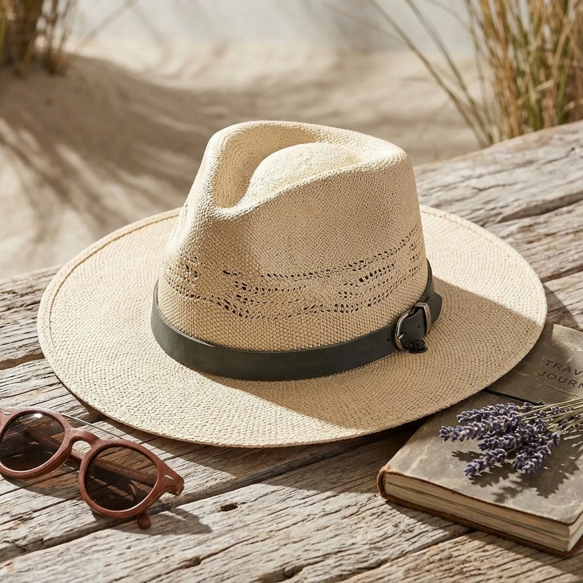 Beige Cut-Out Straw Sun Hat with Leather Band and Tassels