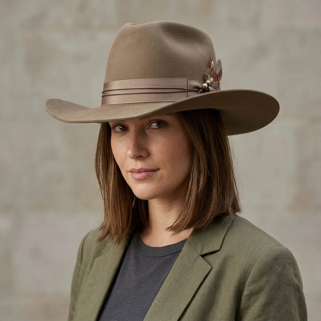 Unisex Taupe Wool Felt Cowboy Hat with Ribbon Band