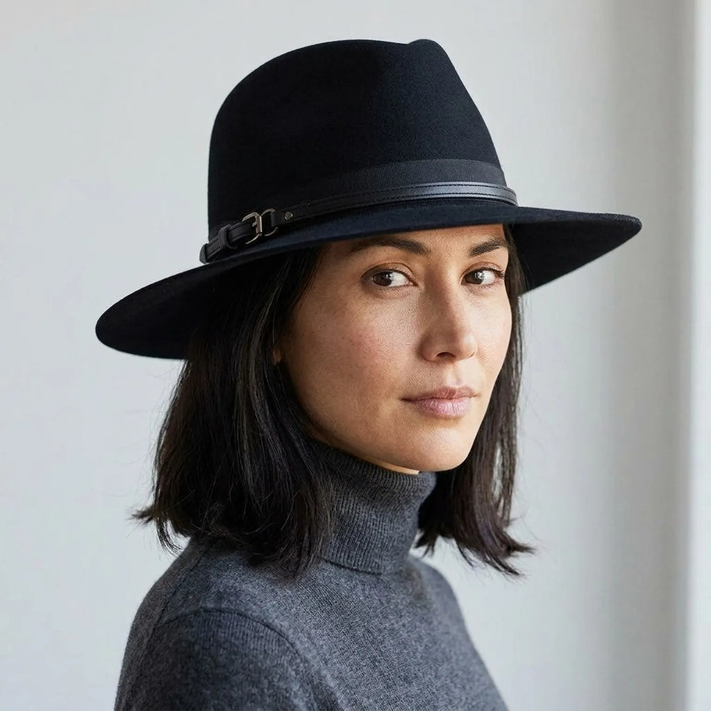 Unisex Black Wool Felt Fedora with Double Strap Band
