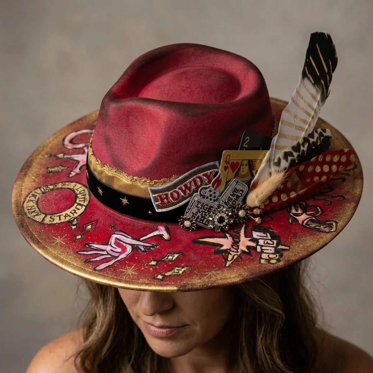 Burgundy Mystic Fedora with Hand-Painted Tarot and Cards
