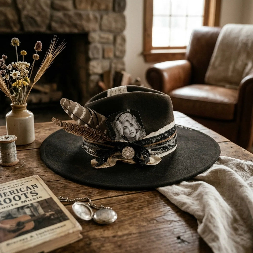Black Felt Fedora Hat with Feathers Lace and Rhinestone Brooch